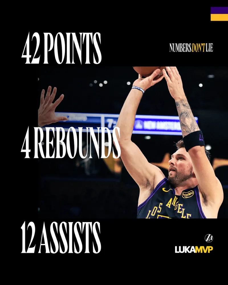 开云足球直播-砍下42分！湖人官媒晒东契奇数据海报：当之无愧的MVP